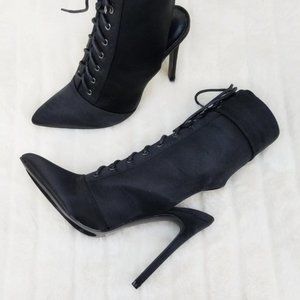 * So Me Tweety Black Satin Pointy Toe Open Heel Ankle Boots  Sizes Varies